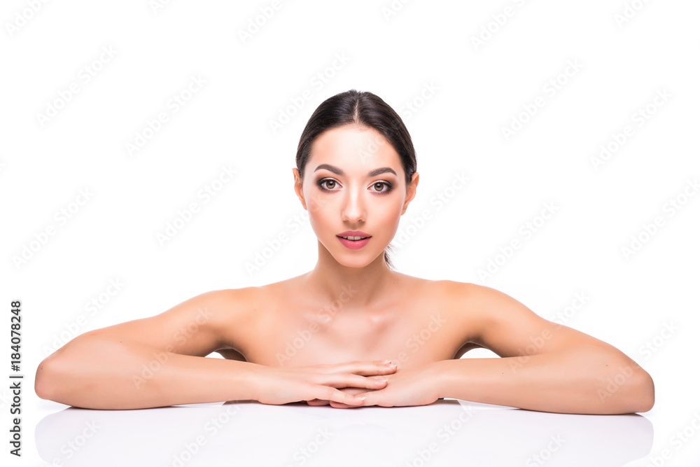 Beautiful Young Woman with Clean Fresh Skin touch own face . Facial treatment . Cosmetology , beauty and spa . Beautiful Young Woman with Clean Fresh Skin touch own face . Facial treatment . Cosmetology , beauty and spa .