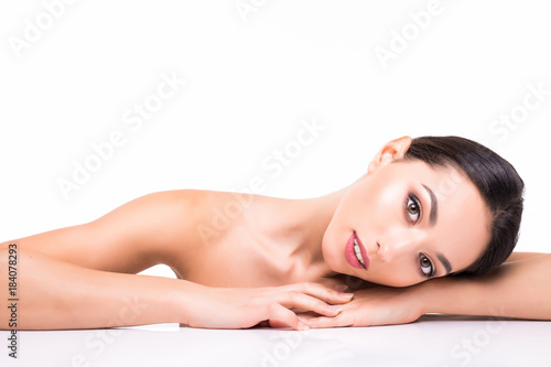 Young Spa Woman with Healthy Skin. Perfect Female Face on white background