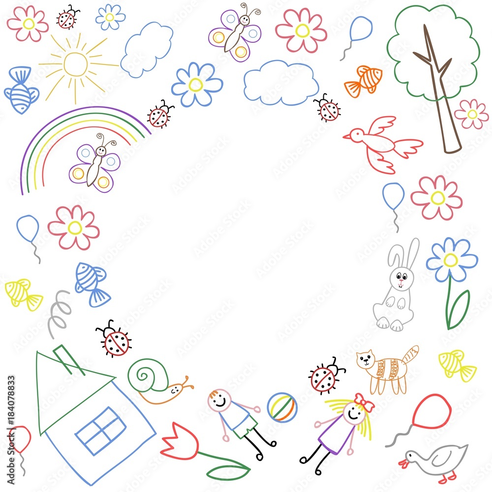 The frame of the children's colourful drawings with place for your text inside the circle. Vector illustration. The frame of the children's colourful drawings with place for your text inside the circle. Vector illustration.