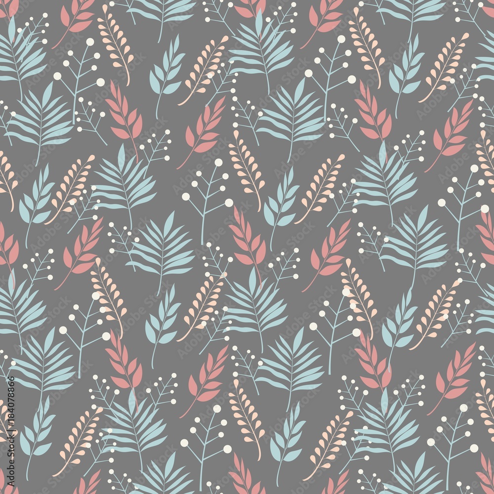 Seamless background of patterns of plant leaves and branches of leaves in pastel colours on a background of graphite . Abstract leaf texture, vector illustration. Seamless background of patterns of plant leaves and branches of leaves in pastel colours on a background of graphite . Abstract leaf texture, vector illustration.