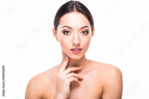 Glamour portrait of beautiful woman model with fresh daily makeup Healthy skin concept isolated on white background