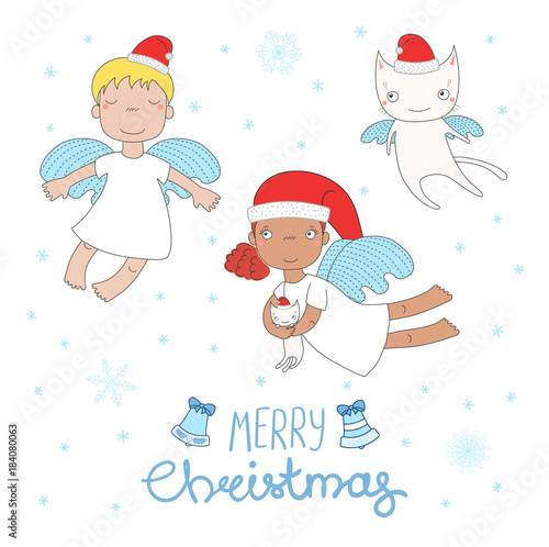 Hand drawn Christmas greeting card with cute cartoon angel girls, cat, in Santa Claus hats. Isolated objects on white background. Vector illustration. Design concept for children, winter holidays.