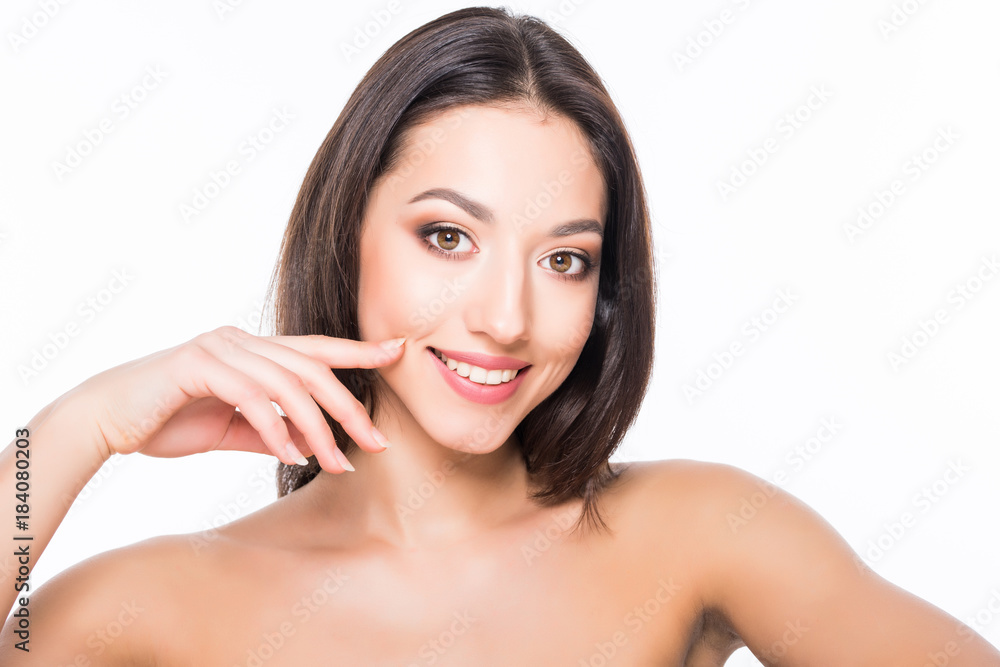 Beautiful elegant young woman with natural nude make up on white background. Professional makeup, perfect skin.