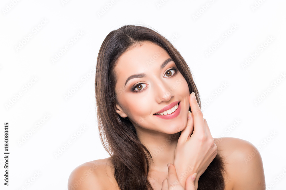 Beautiful elegant young woman with natural nude make up on white background. Professional makeup, perfect skin. Beautiful elegant young woman with natural nude make up on white background. Professional makeup, perfect skin.