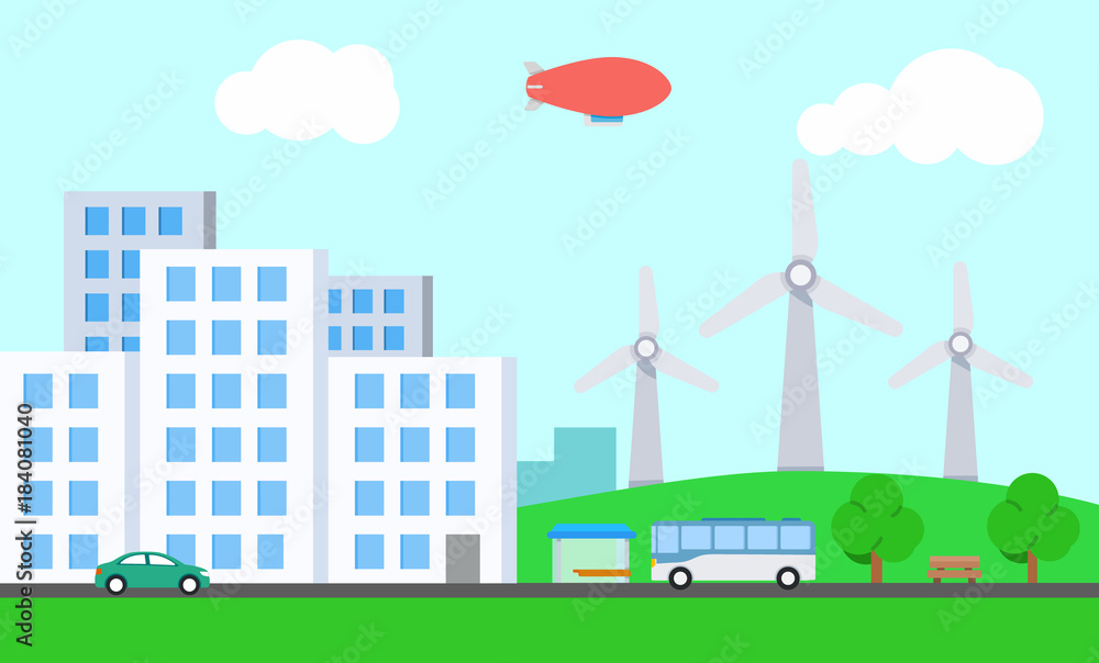 City with wind turbine. A modern environmentally friendly city. Vector illustration City with wind turbine. A modern environmentally friendly city. Vector illustration