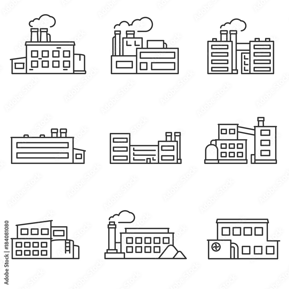 factory icons set thin line design. Line with editable stroke