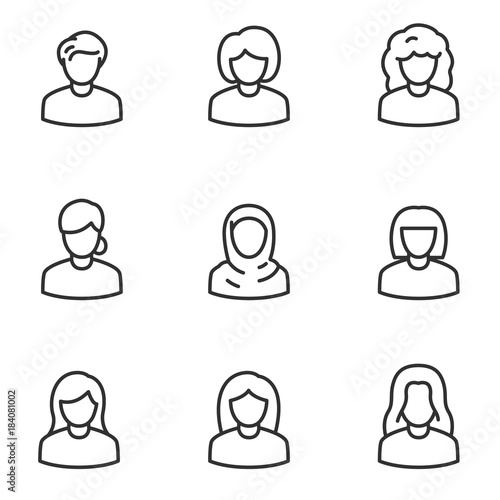 Avatars of women icon set, linear design. Collection of different icons. Line with editable stroke