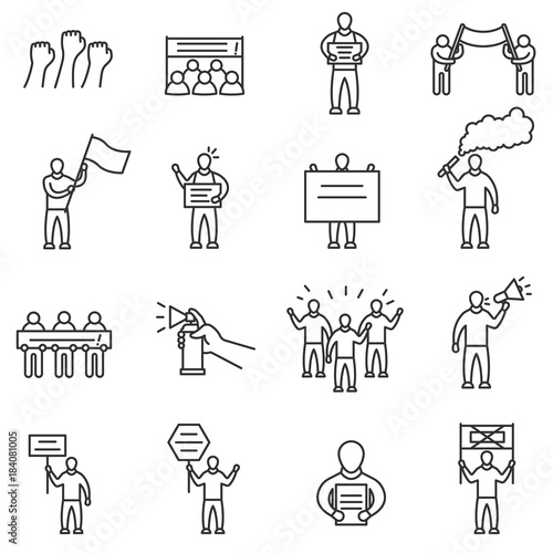 Protesting people icons set. Man with signs and banners. Demonstration, protest and meeting. Line with editable stroke