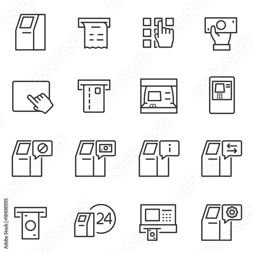 Atm terminal icon set. automated teller machine icons collection. payment and receipt of money. Line with Editable stroke