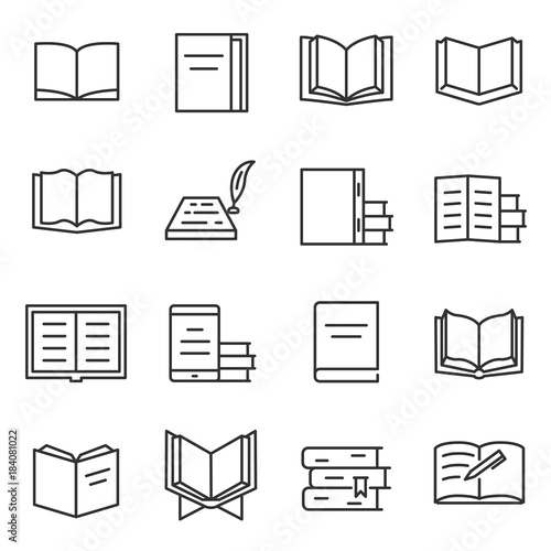 Books icon set. Printed publications, literature , linear design. Line with editable stroke