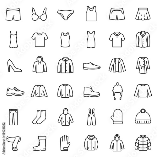 men s and women s clothing for different seasons  icons set. Line with Editable stroke