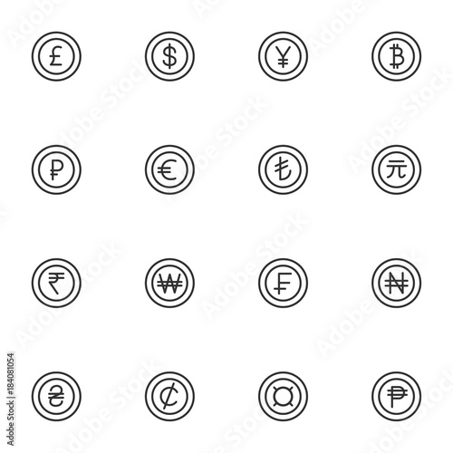 World currency mini icons set. Line with editable stroke. Money and currency simple symbols. Pound, dollar, yuan, bitcoin, ruble, euro, yuan renminbi, rupee, won, swiss and more.