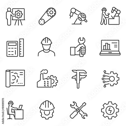 Engineering icons set. Engineer, linear style. Field of technical activity for invent, innovate, design, build, maintain and research. Line with editable stroke