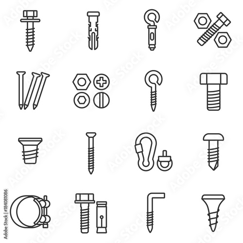fastener icons set. Assortment of fasteners linear design. Line with editable stroke