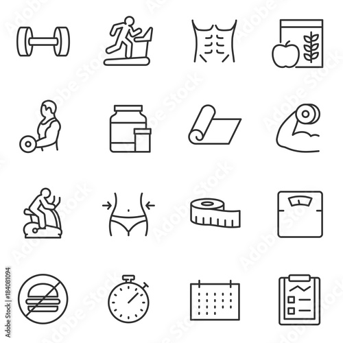 fitness and gym icons set. physical training and diet linear design. Line with editable stroke