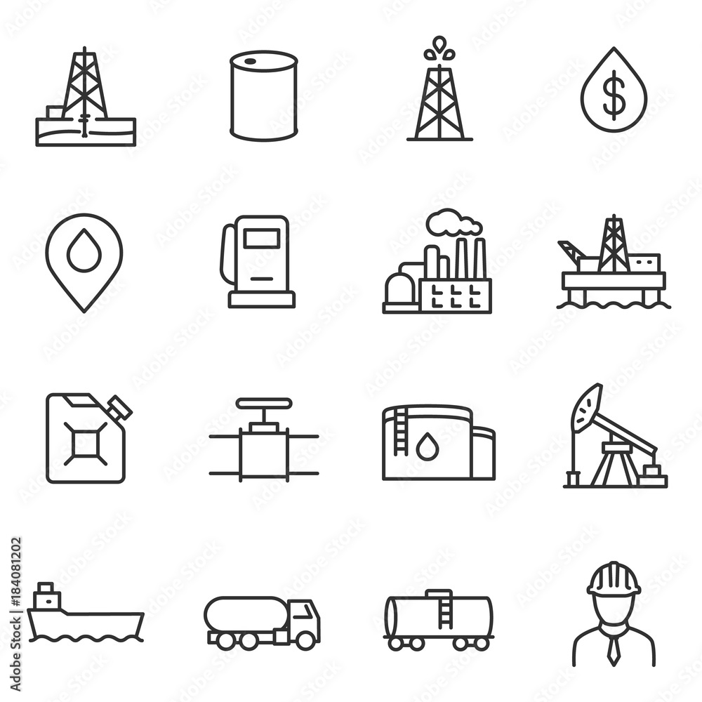 Oil and petroleum industry linear icons set. Line with editable stroke Oil and petroleum industry linear icons set. Line with editable stroke