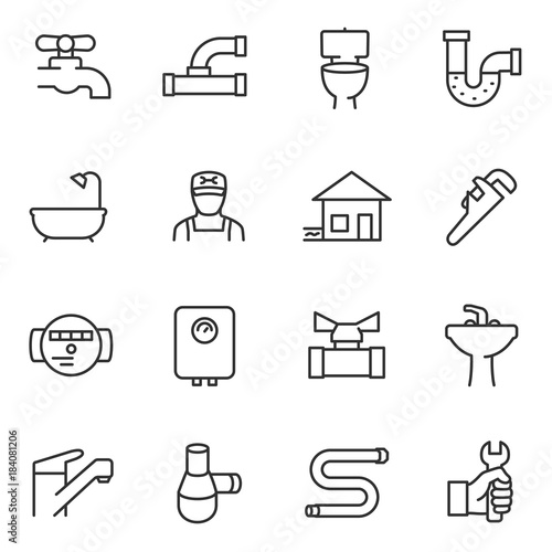 Plumbing icon set. Sewerage icons collection. Line with Editable stroke