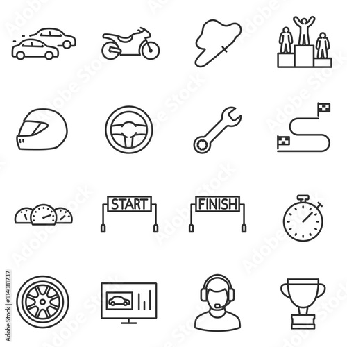 Racing, set icons. Automobile and motorcycle competitions. High-speed races. Line with editable stroke