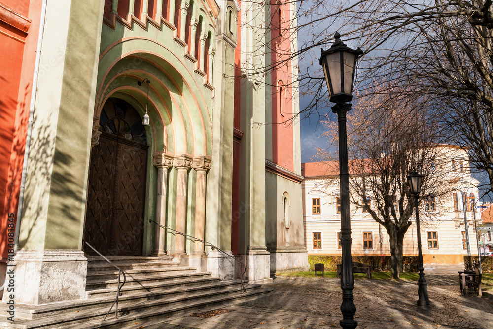 Door to New red evangelical church in Kezmarok, Slovakia