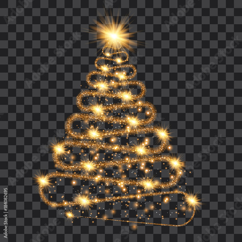 Golden particle wave in form of christmas tree with bright shining and glowind particles isolated on transparent background. Glitter bright trail, glowing wave vector illustration