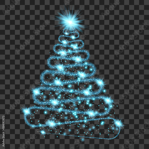 Blue particle wave in form of christmas tree with bright shining and glowind particles isolated on transparent background. Glitter bright trail, glowing wave vector illustration