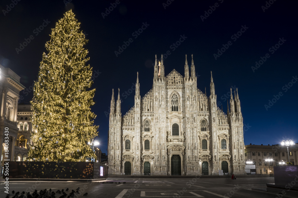 Christmas tree in front of Milan cathedral, Duomo square in december, night view.