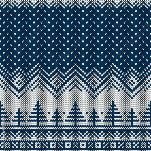 Knitted Sweater Design with Christmas Trees in Winter Night Landscape. Holiday Seamless Knit Pattern