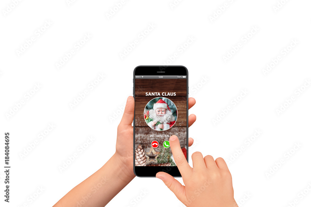 Child answering to phone call from Santa Claus, isolated on white background Child answering to phone call from Santa Claus, isolated on white background