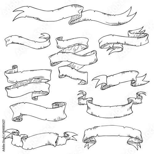 Hand drawn vintage ribbon set. Vector banners isolated on white.