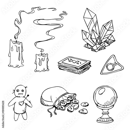 Hand drawn vector set of fortune taller accessories for soothsaying: tarot cards, crystall ball, runes and other magic stuff.