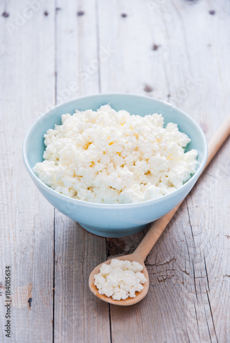 Organic Farming Cottage cheese in a blue bowl