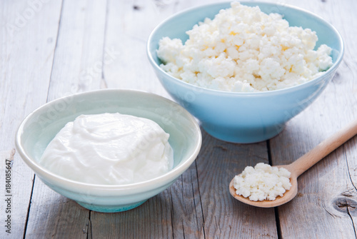 Organic Farming Cottage cheese and Sour cream in a blue bowl