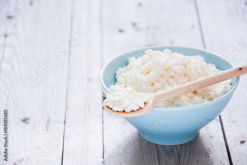 Organic Farming Cottage cheese in a blue bowl