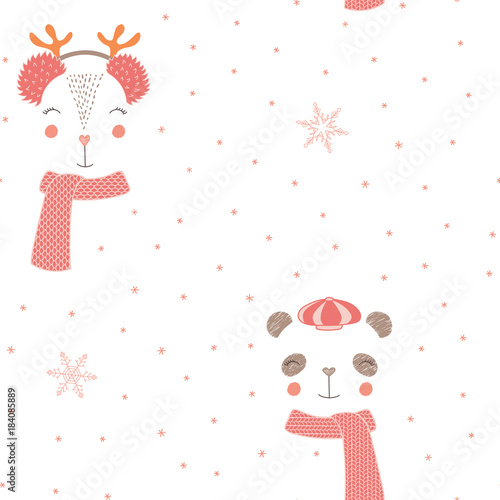 Hand drawn seamless vector pattern with cute animal faces in warm hats, mufflers, on a white background with snowflakes. Design concept for Christmas, winter, textile print, wallpaper, wrapping paper.