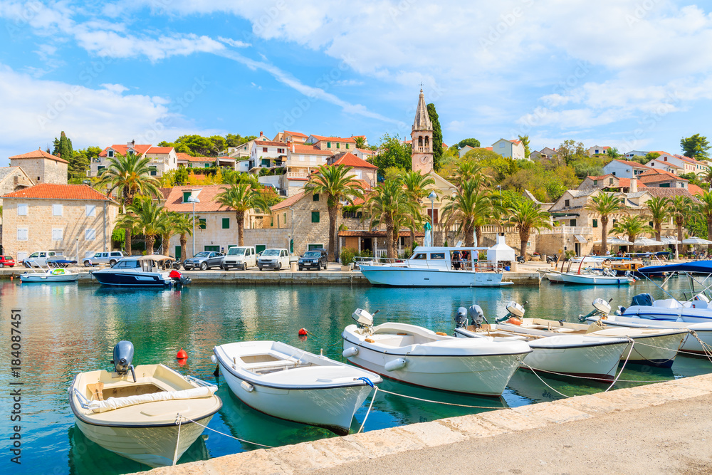 Fishing boats in Splitska village with beautiful port, Brac island, Croatia