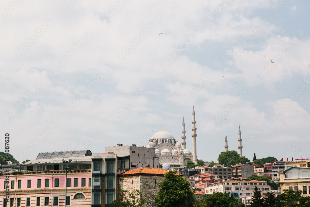 The world-famous Blue Mosque in Istanbul is also called Sultanahmet. Near various buildings. View from the Bosphorus. Turkey.