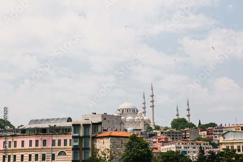 Fototapeta Naklejka Na Ścianę i Meble -  The world-famous Blue Mosque in Istanbul is also called Sultanahmet. Near various buildings. View from the Bosphorus. Turkey.