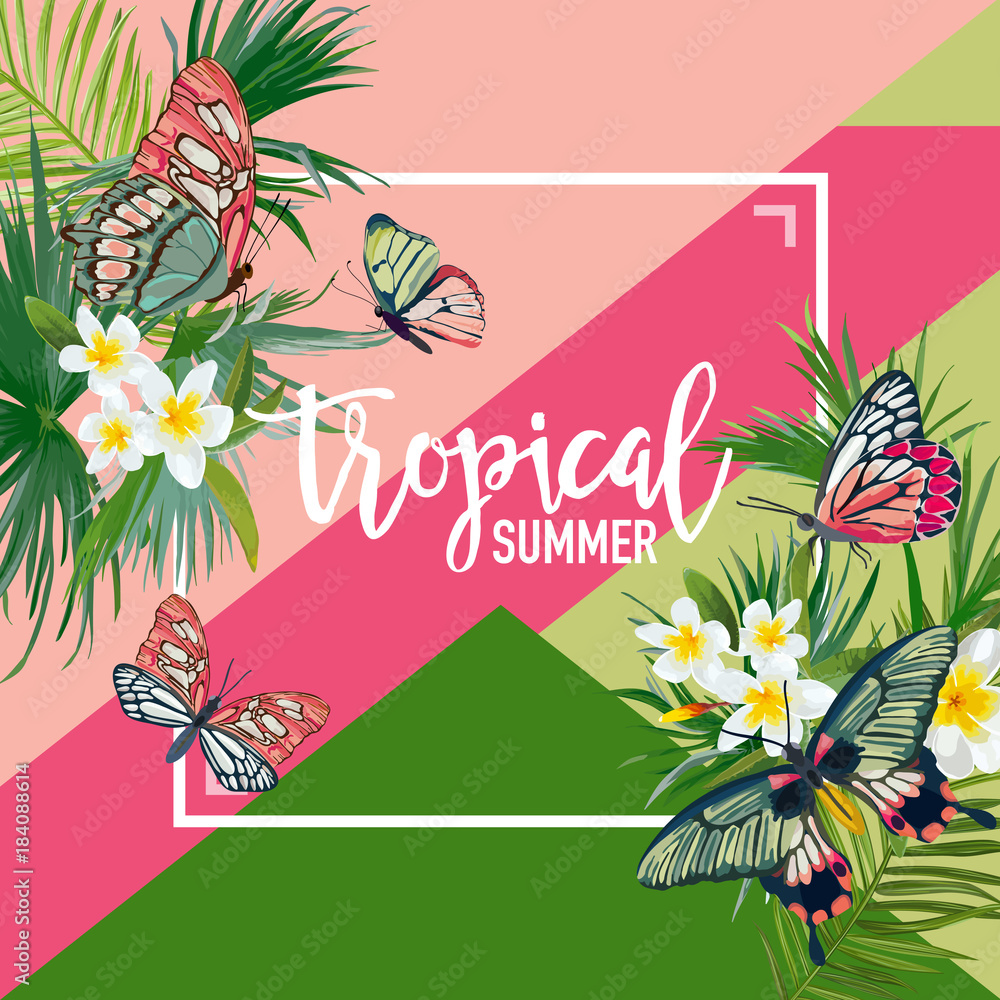 Obraz premium Tropical Flowers Summer Design with Exotic Butterflies. Watercolor Floral Background for Banner, Poster, T-shirt. Vector illustration