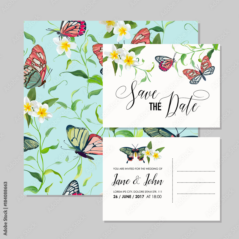 Wedding Invitation Set with Tropical Flowers and Butterflies. Save the Date Card for Romantic Ceremony. Vector illustration