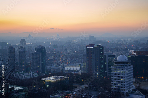 Cityscape at N Seoul Tower during the sunset. Panorama from the top of Seoul, South Korea