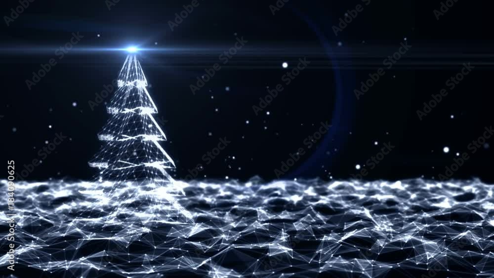 Christmas tree rotating on Futuristic Technology Molecular Abstract Plexus Background. Christmas and New Year seamless looping animation.