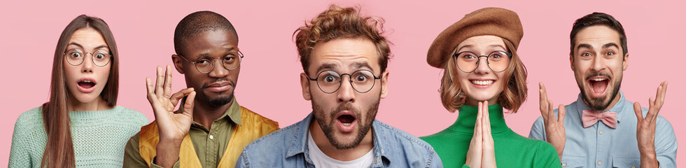Horizontal shot of people from different races, being emotional, express various feelings and emotions, stand in row. Mixed race young women and men show surprisment, happiness, shock, approval
