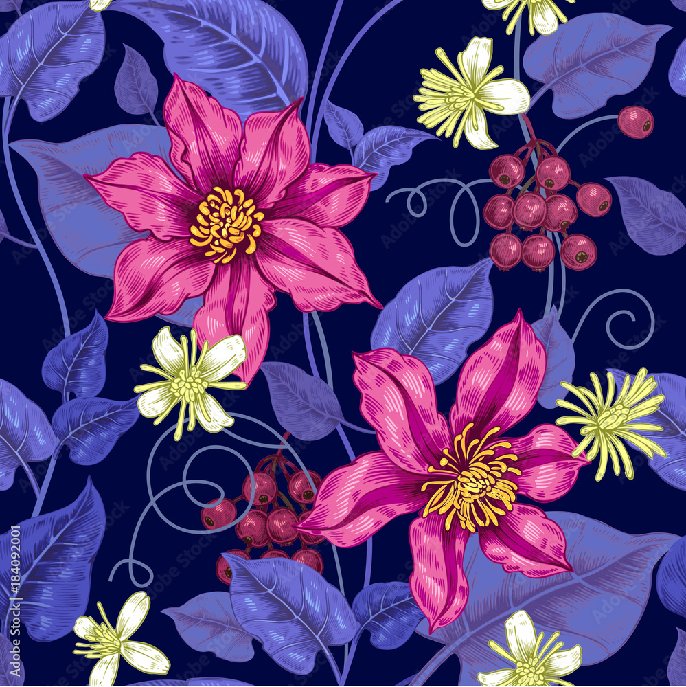 Seamless pattern with flowers clematis.