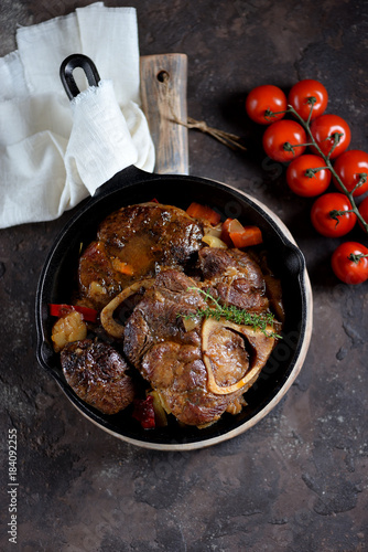 Ossobuko beef with onions, carrots, celery, white wine and thyme.