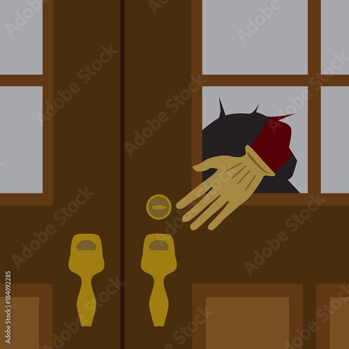 A thief's gloved hand is reaching through the broken pane of glass on a front door