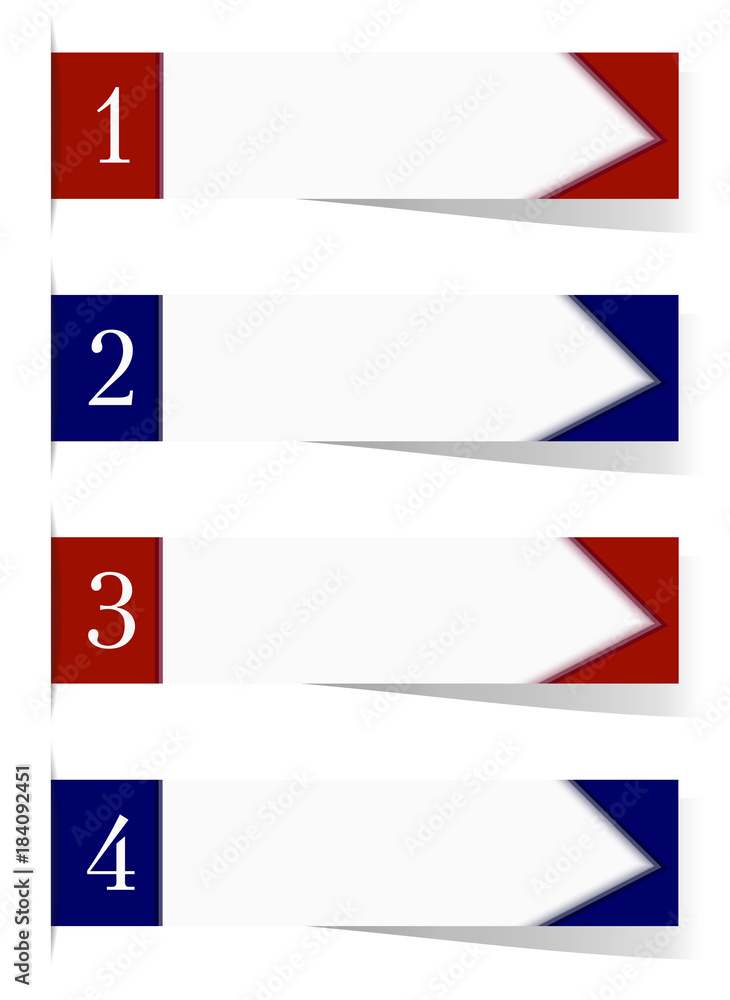Obraz premium Four sticker labels with shadow and text space. Vibrant red and blue templates for headers, banners, pointers. Business strategy concept. White background, paper sticky tape. Vector EPS10