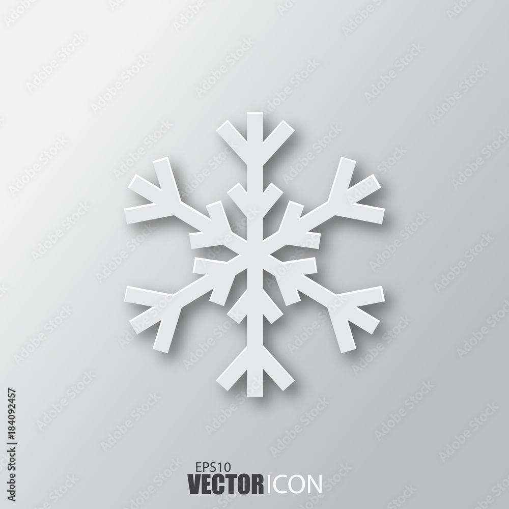 Snowflake icon in white style with shadow isolated on grey background. Snowflake icon in white style with shadow isolated on grey background.