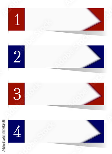 Four sticker labels with shadow and text space. Vibrant red and blue templates for headers, banners, pointers. Business strategy concept. White background, paper sticky tape. Vector EPS10