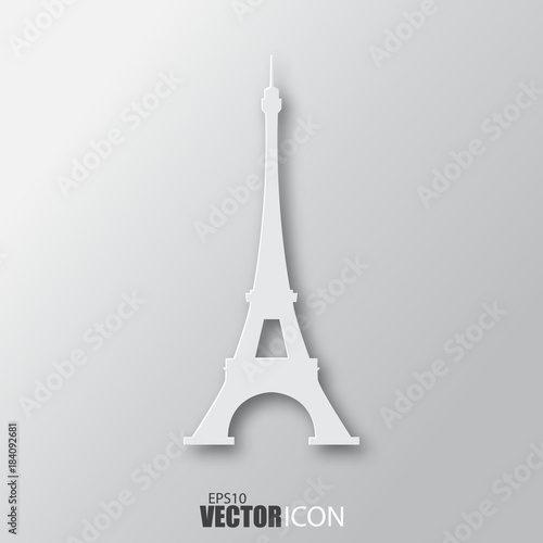 Eiffel tower icon in white style with shadow isolated on grey background.