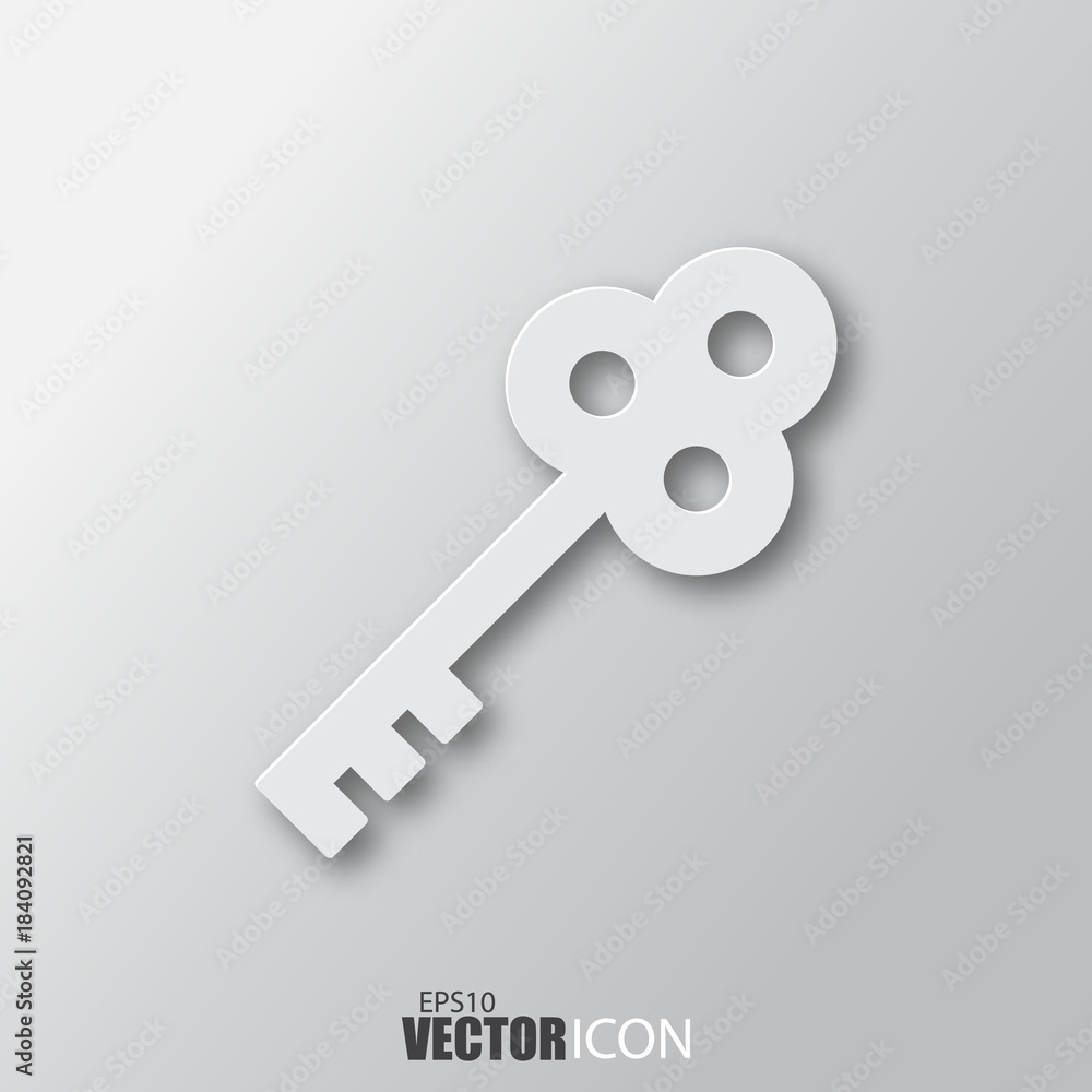 Key icon in white style with shadow isolated on grey background. Key icon in white style with shadow isolated on grey background.